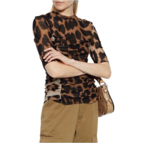 NWT GANNI Ruched Leopard-Print Mesh Top - Picture 9 of 9